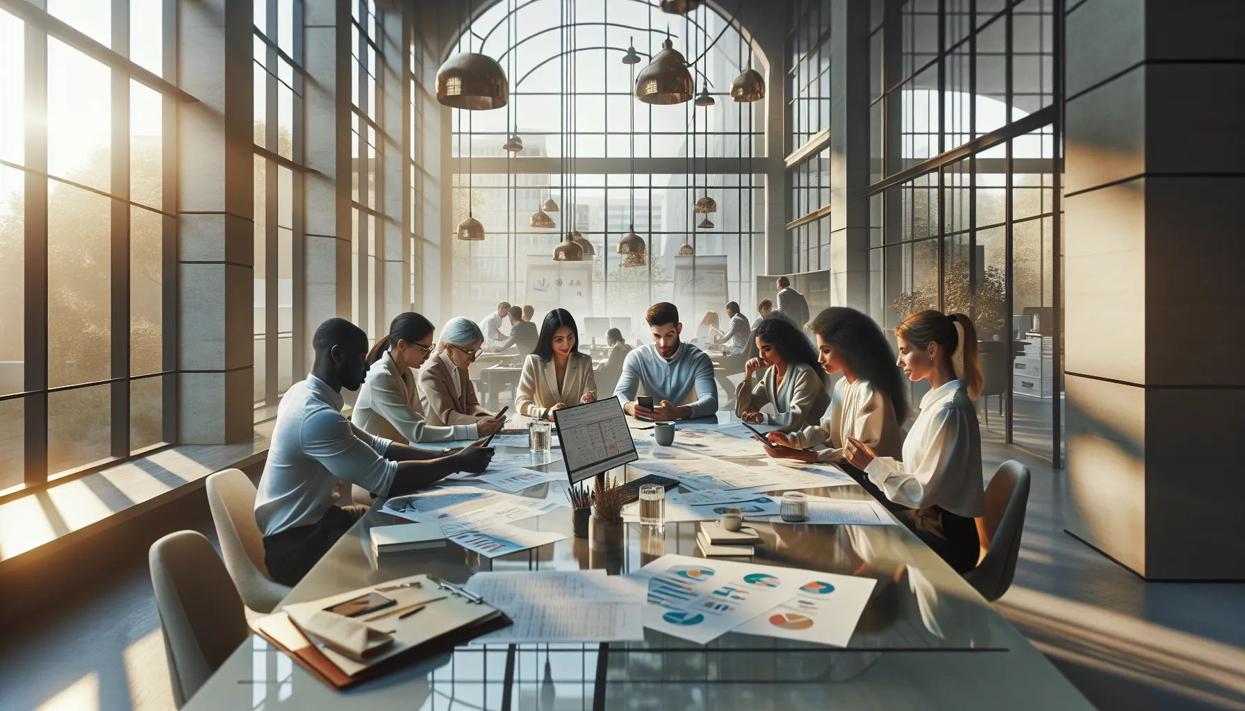 diverse team discussing WhatsApp LogicalShout in a modern office setting.