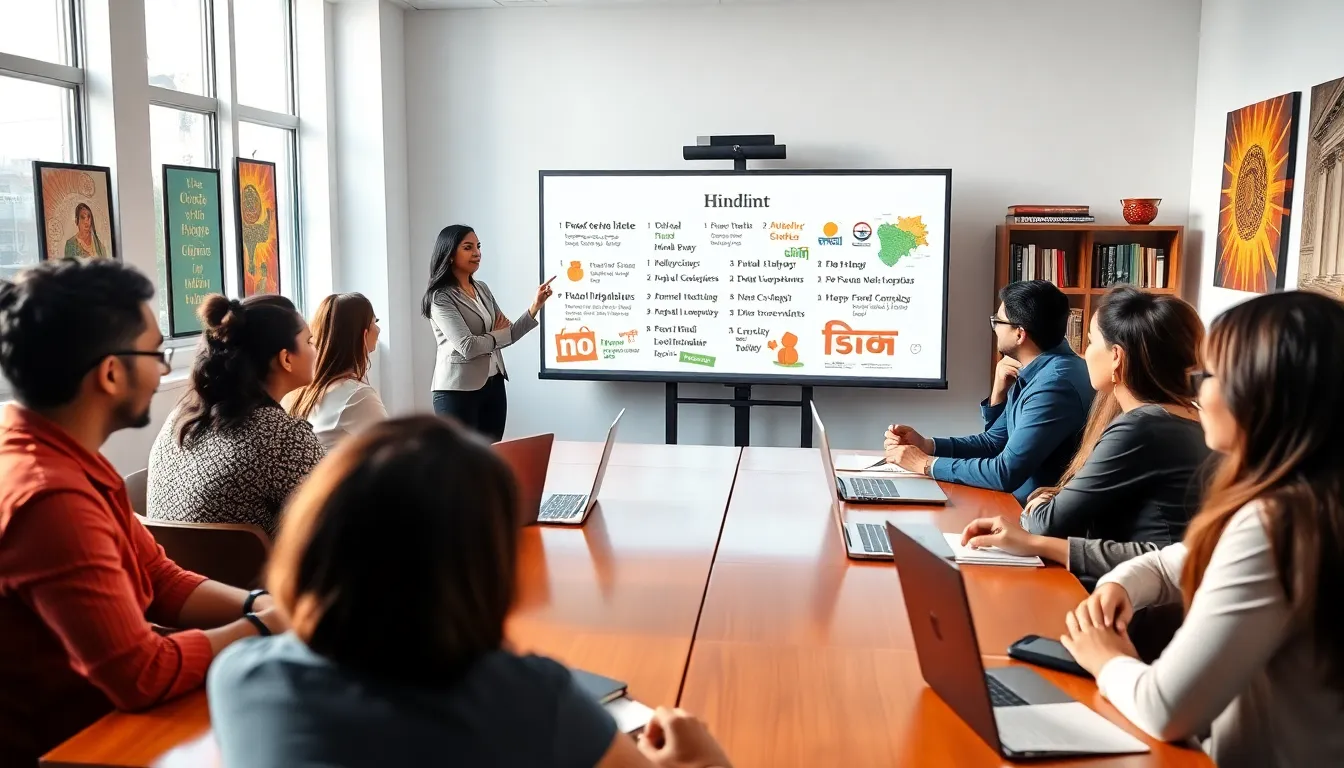 diverse professionals learning Hindi in a modern classroom.