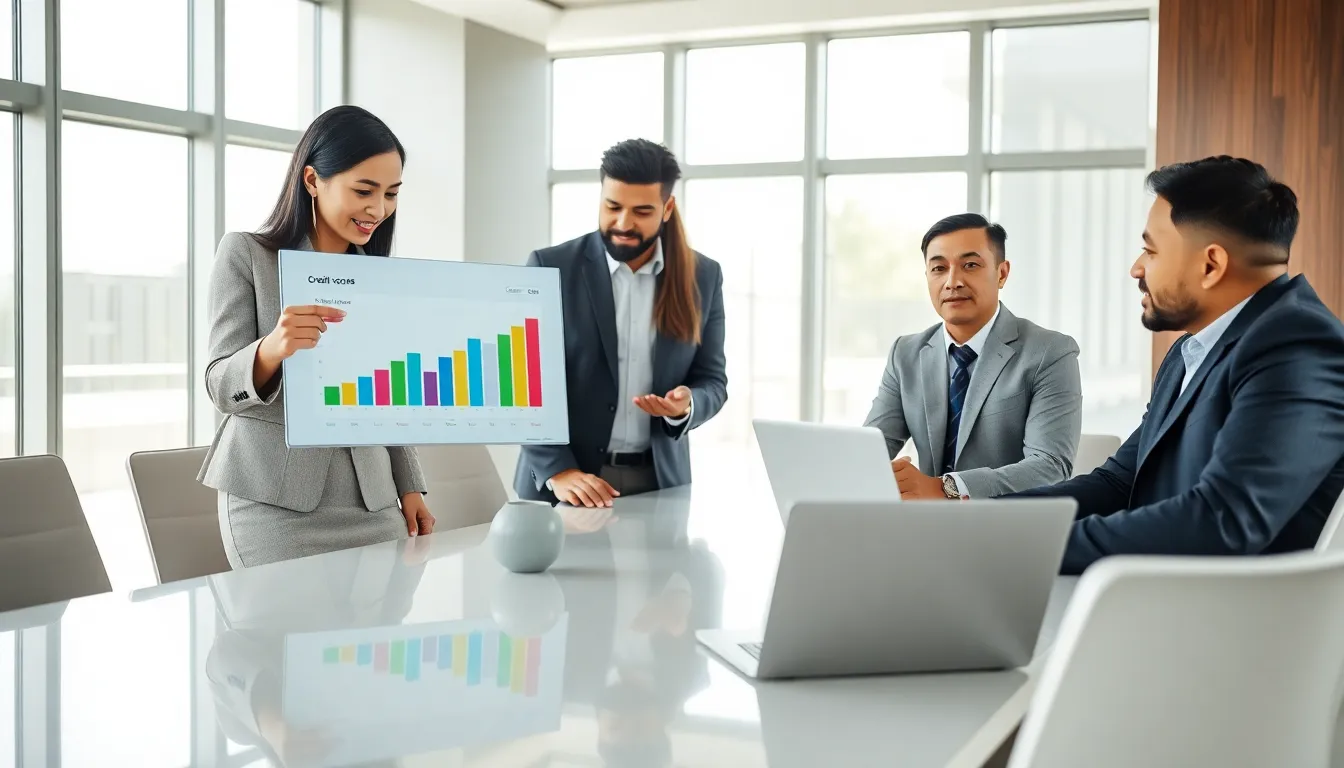 diverse financial team discussing credit scores in a modern office.