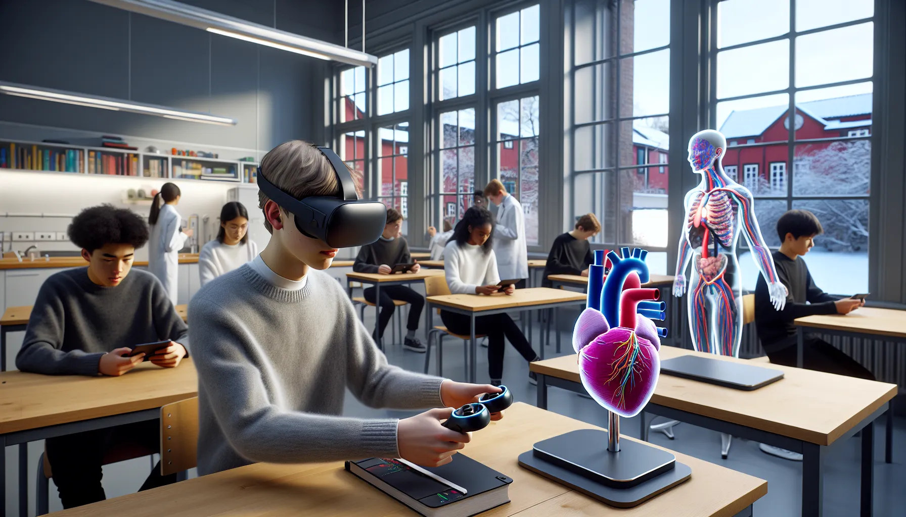 Hvordan bruke vr og ar i undervisningen 2 Students in a norwegian classroom use vr, ar tablets, and mr headsets.