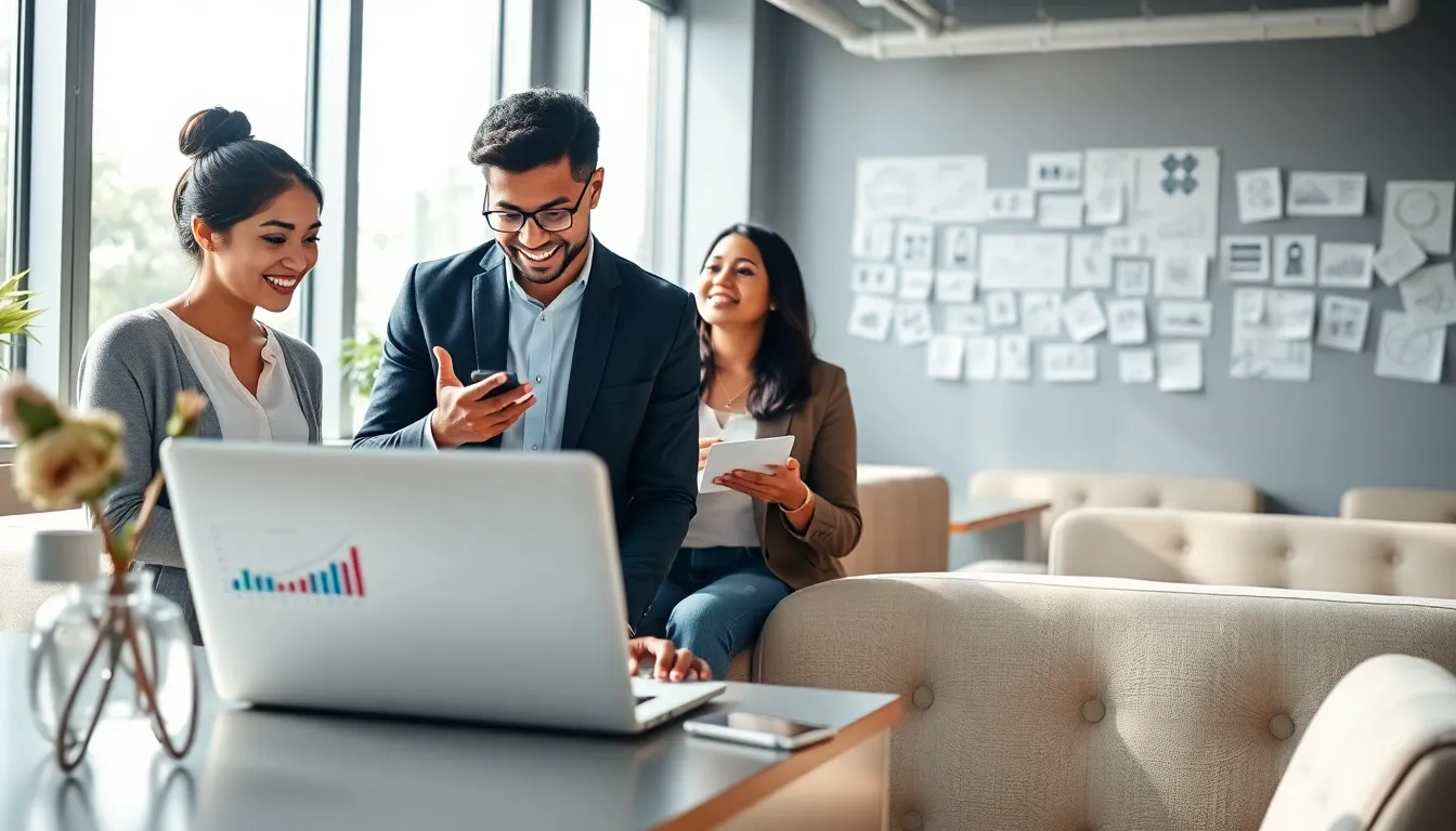diverse professionals brainstorming AI side hustle ideas in a modern office.