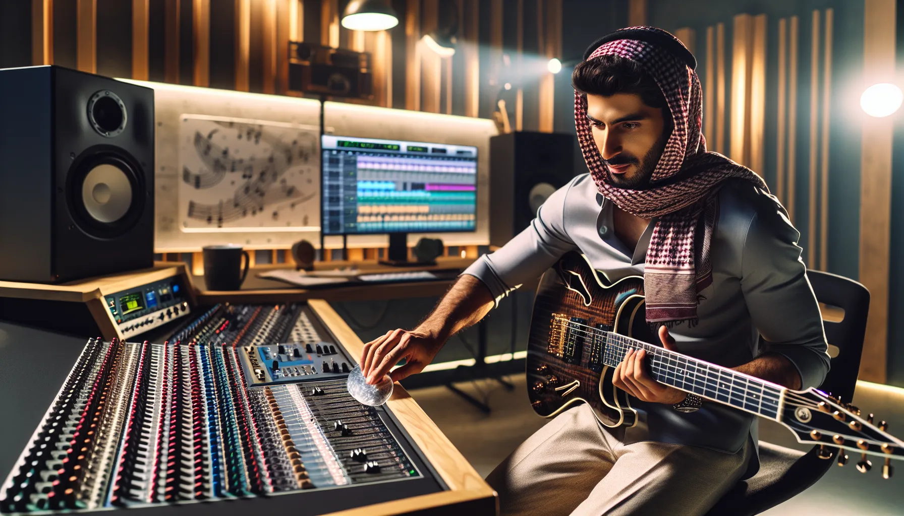 musician playing guitar with a slide in a modern studio.