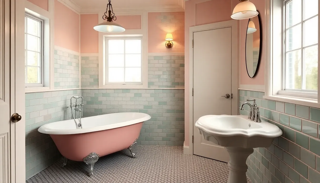 vintage bathroom with clawfoot tub and pastel colors.