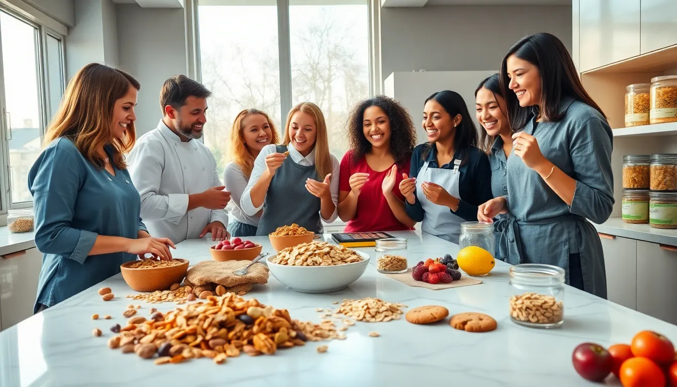 diverse team creating nutritious cookies in a modern kitchen.