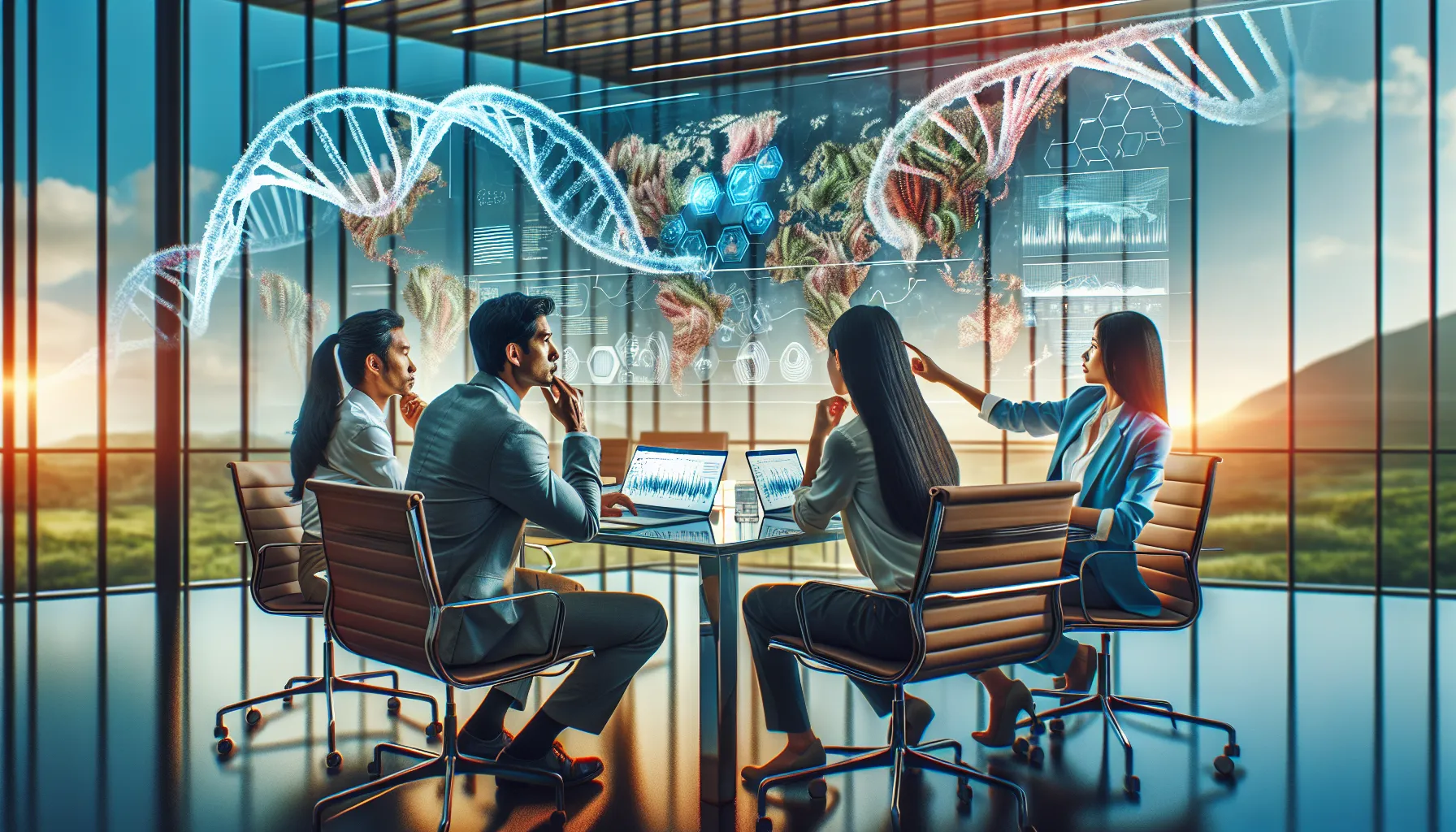 diverse team discussing conservation genetics in a modern office.