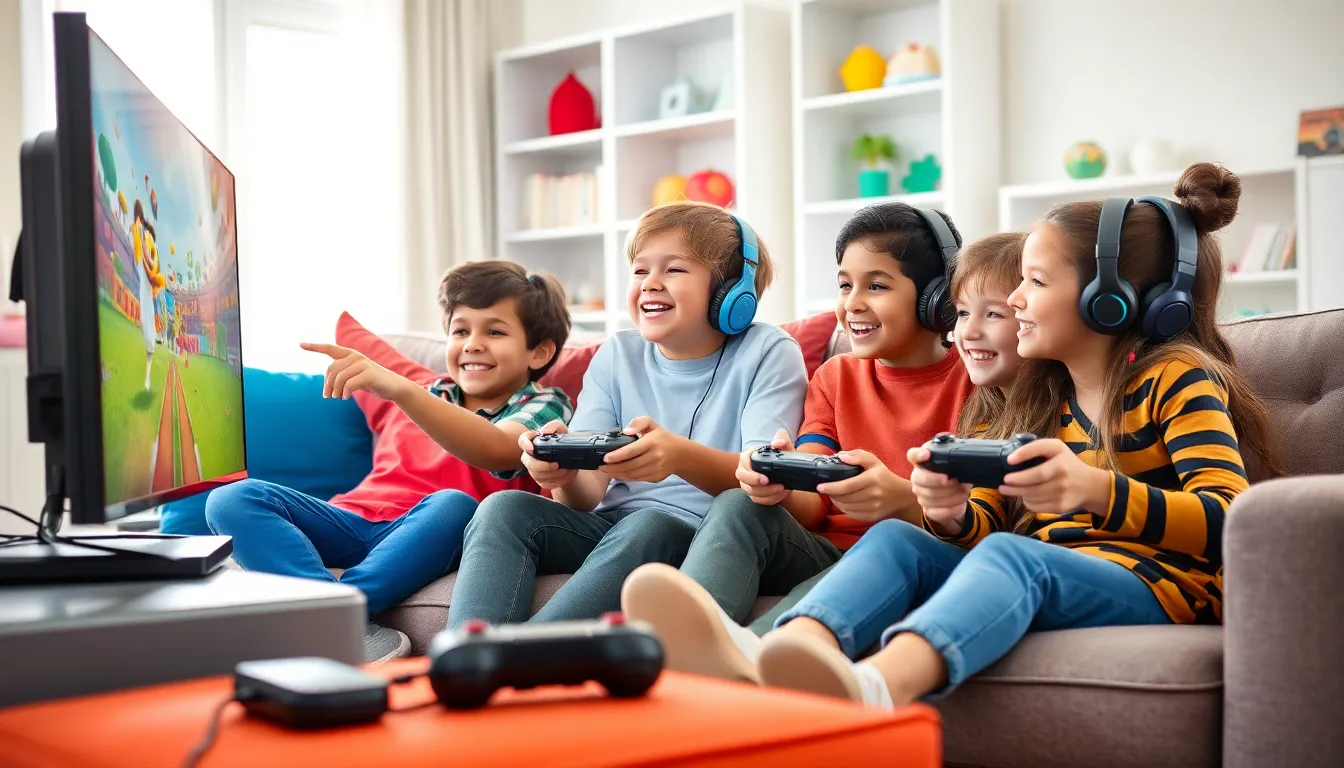 children playing together with a gaming console in a bright living room.