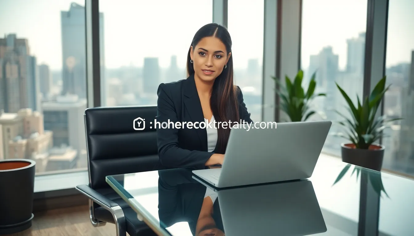 real estate agent at a modern office desk with a professional email display.