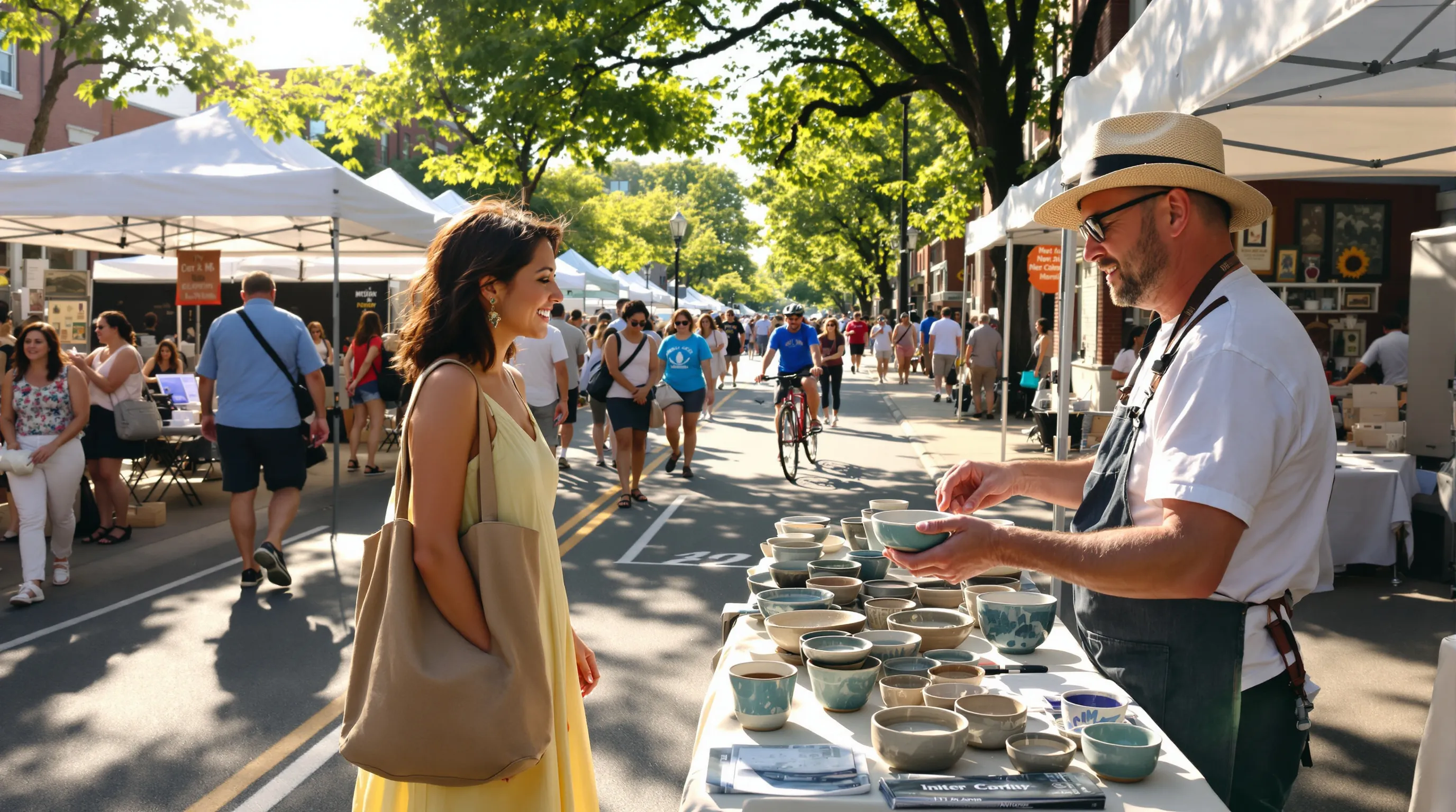 Crowds browse Ann Arbor Art Fair tents on a sunny summer afternoon.
