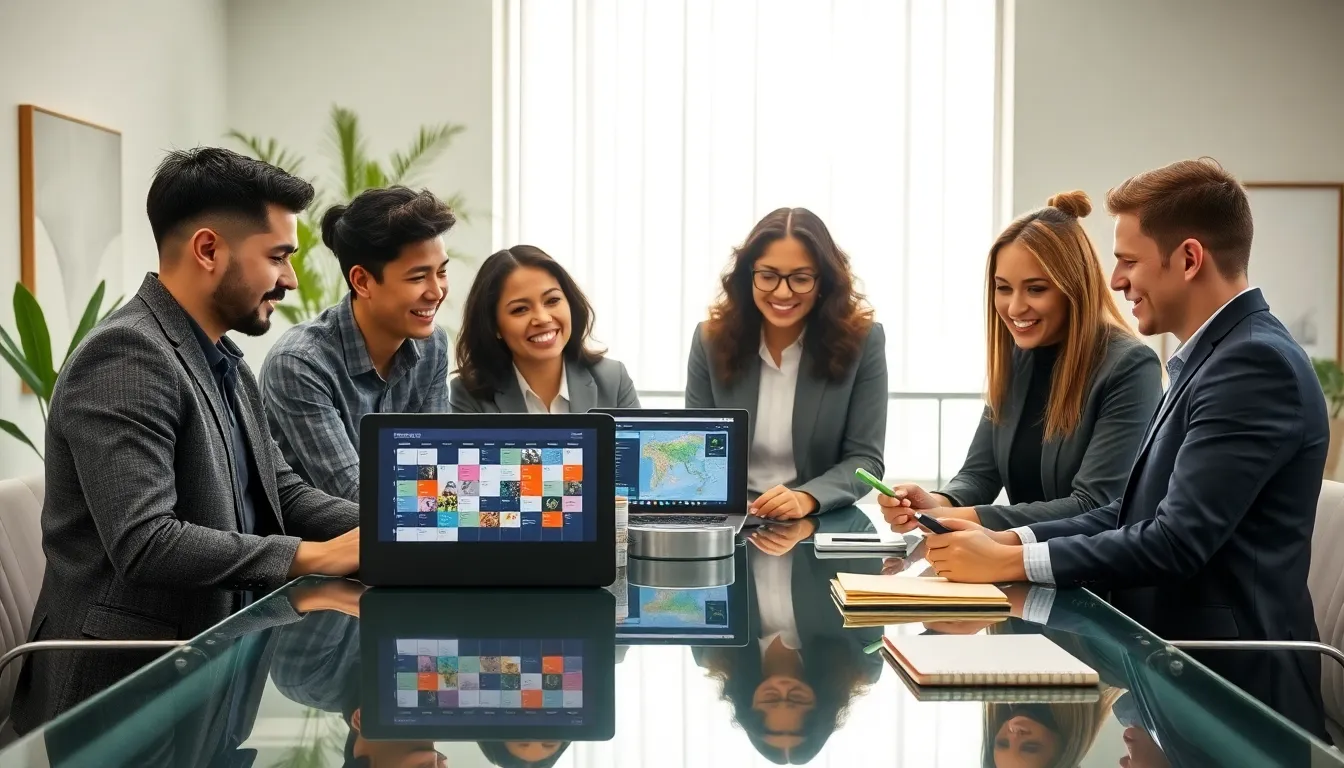professionals collaborating on travel planning in a modern office.
