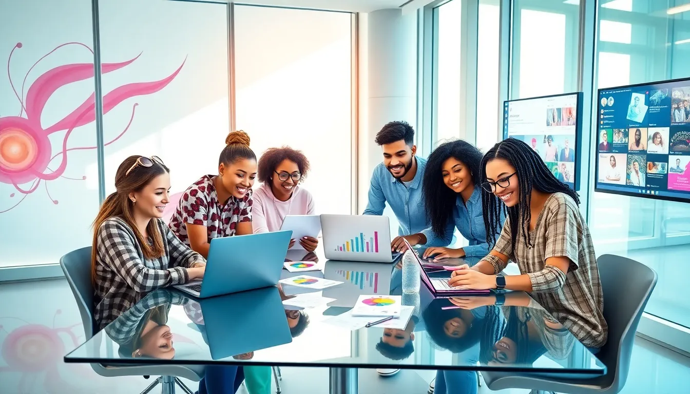 diverse team of young creatives collaborating in a modern digital workspace.
