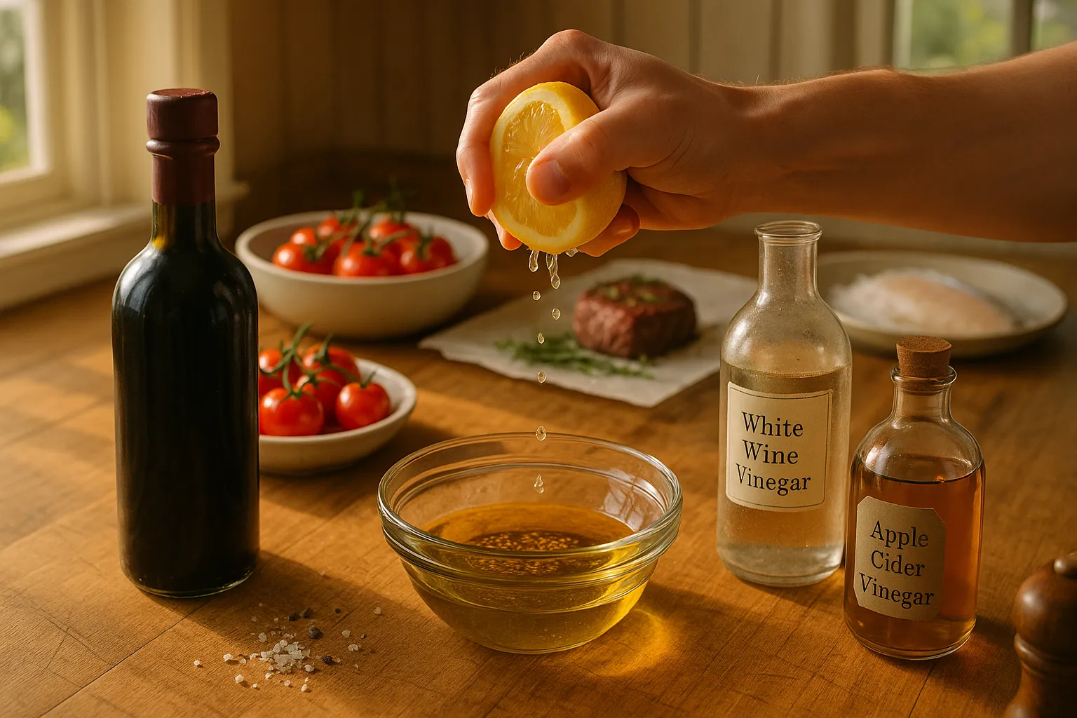 Hand squeezing lemon over vinaigrette with vinegar bottles and tomatoes nearby.