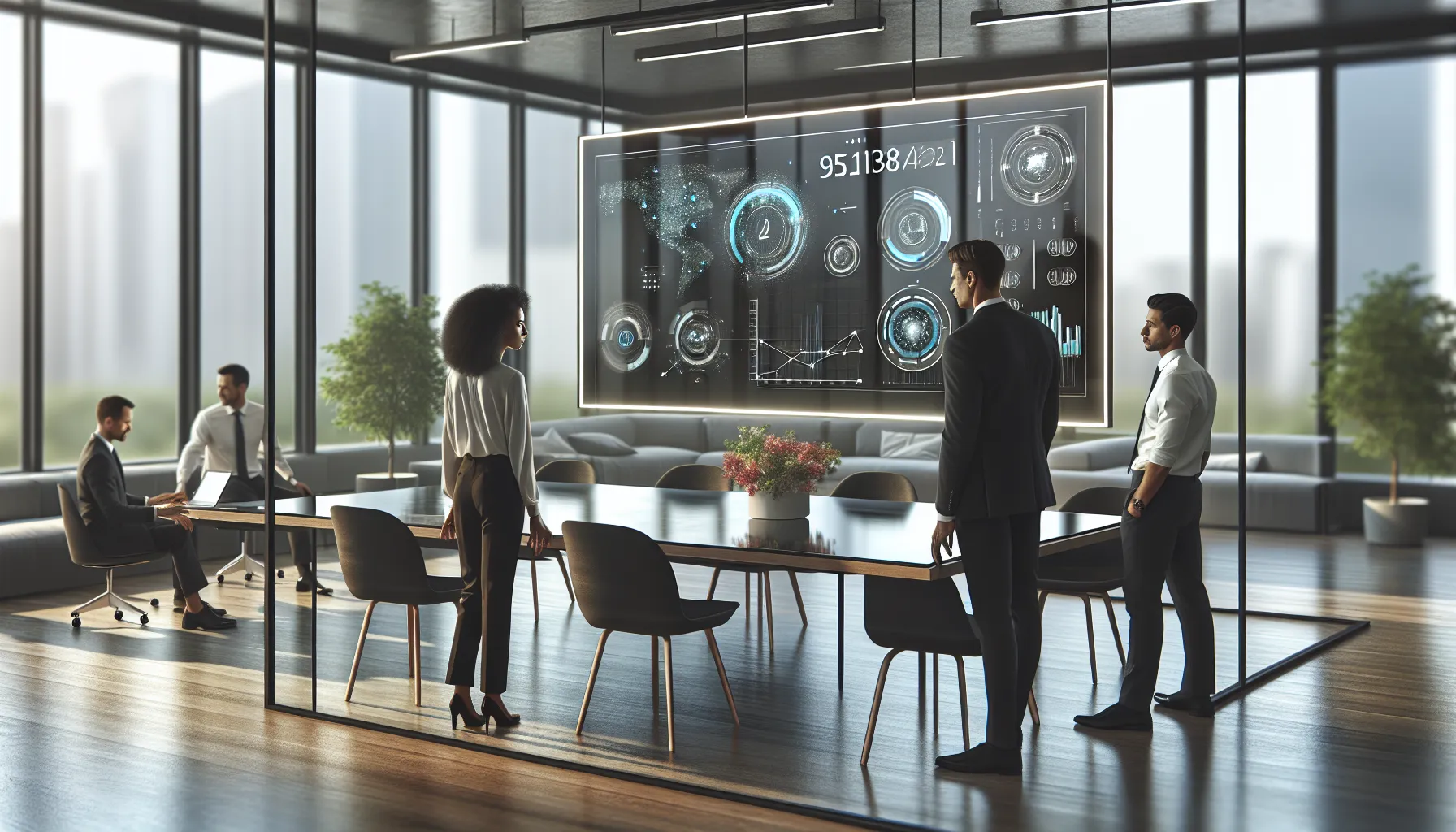 diverse professionals discussing data in a modern office.