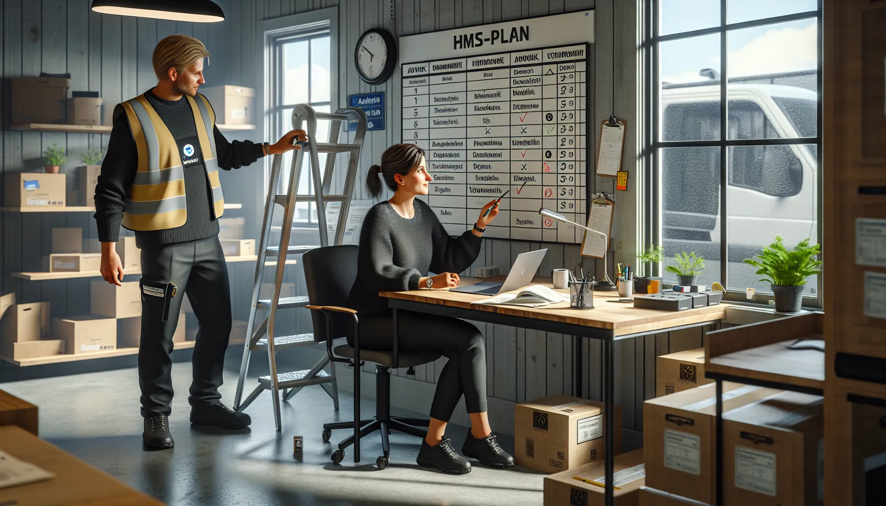 Manager documents hms plan while coworkers flag ladder risk in small workplace.