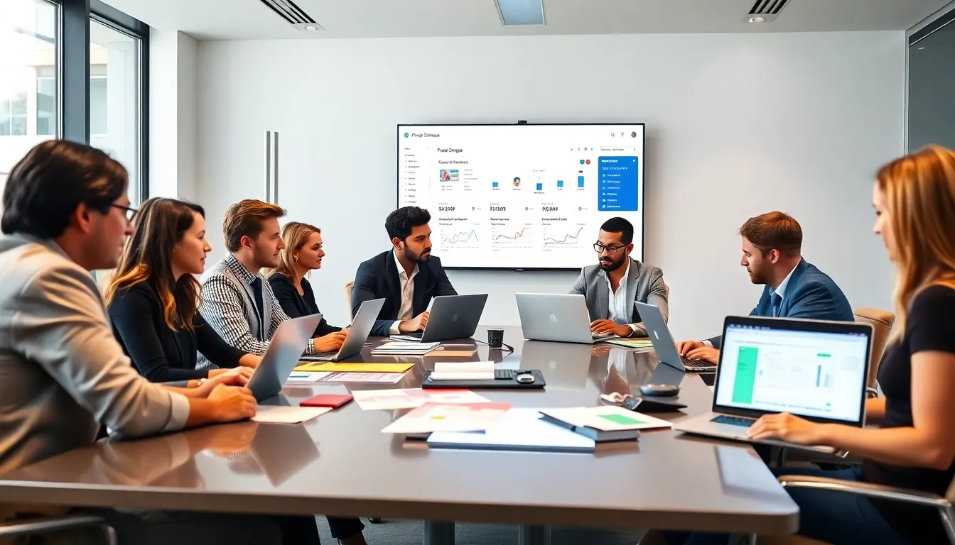 diverse team collaborating using Promis Software in a modern office.