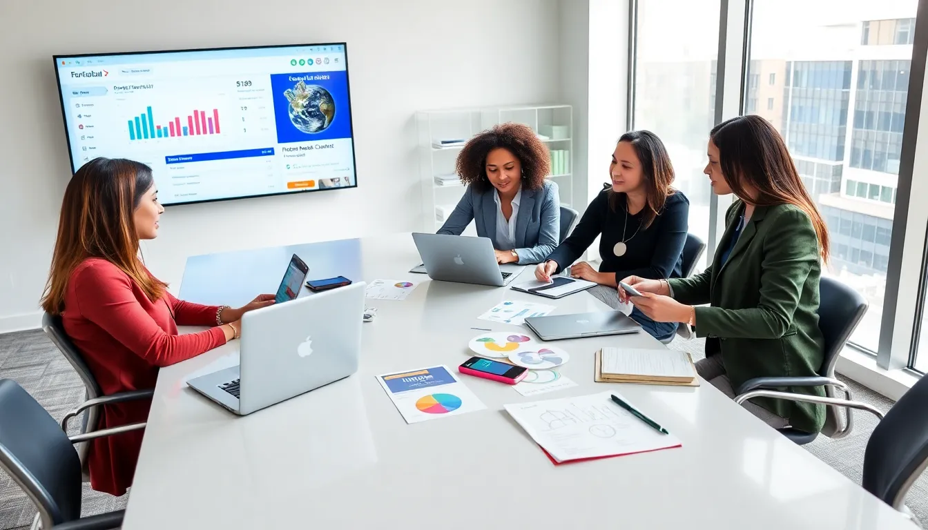 professionals collaborating on content creation in a modern office.