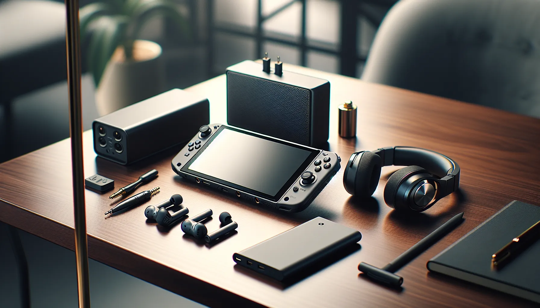 portable gaming setup with device, earbuds, speaker, and power bank.