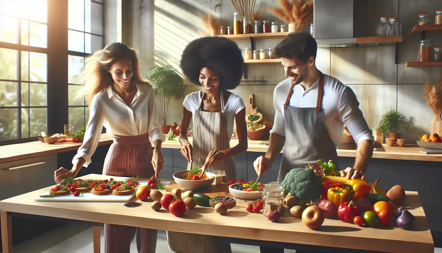 diverse group cooking healthy meals in a bright kitchen.