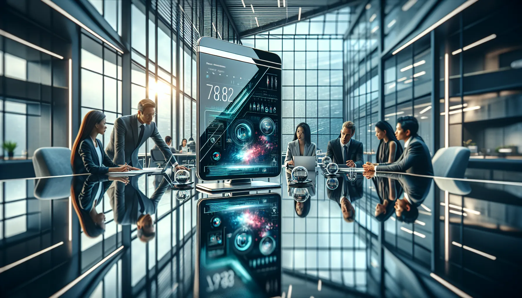 modern workspace featuring the Xupikobzo987 device and diverse professionals.