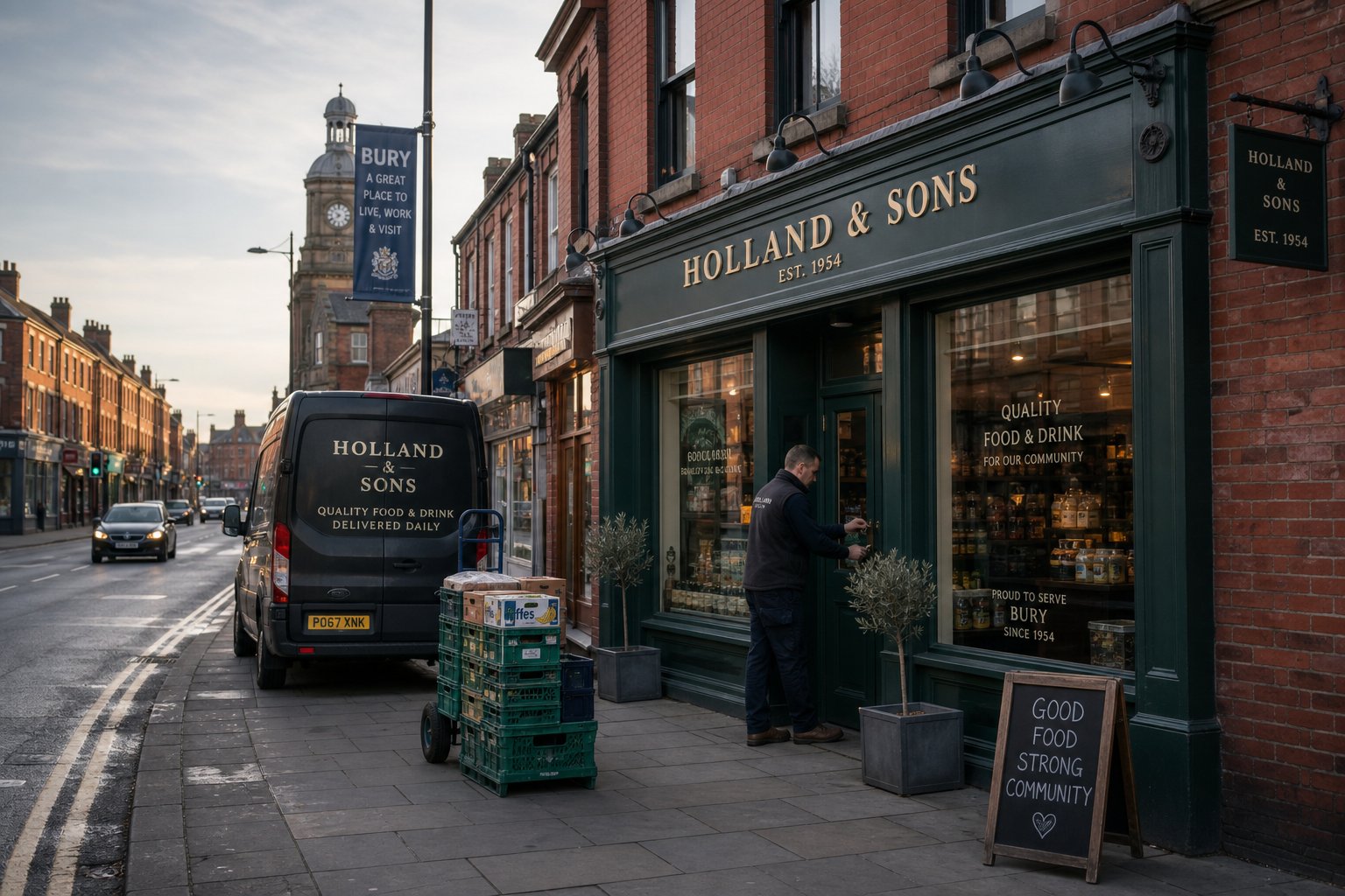 Small business owner opening the door to a locally owned commercial property on a tidy Bury street.