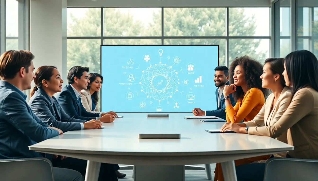diverse professionals discussing Maegeandd in a modern office.