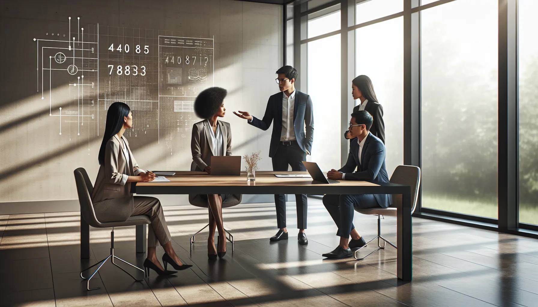 diverse team discussing a numerical reference in a modern office.