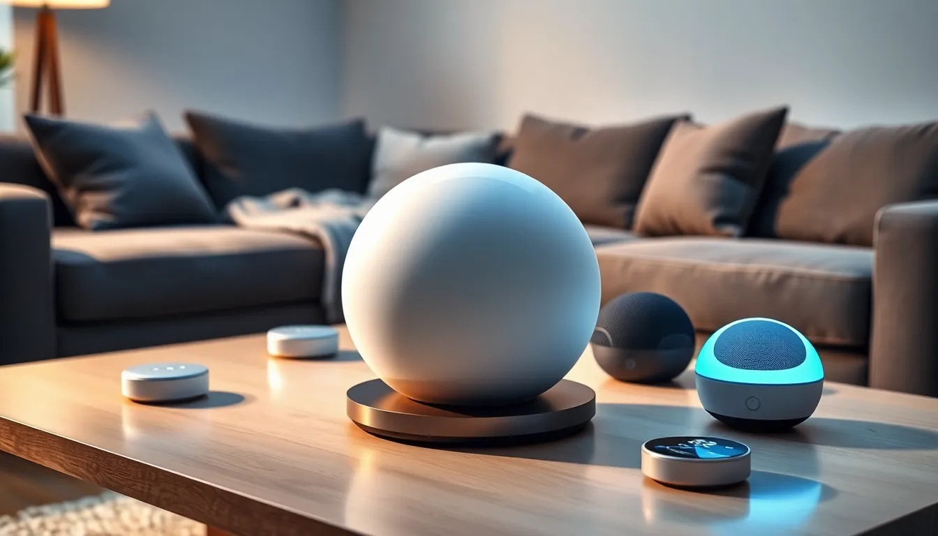 spherical smart gadgets displayed in a modern living room.