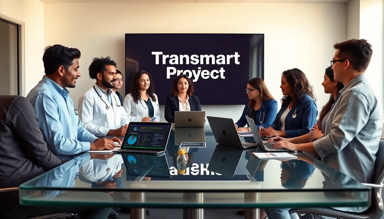 diverse team collaborating on the Transmart Project in a modern office.