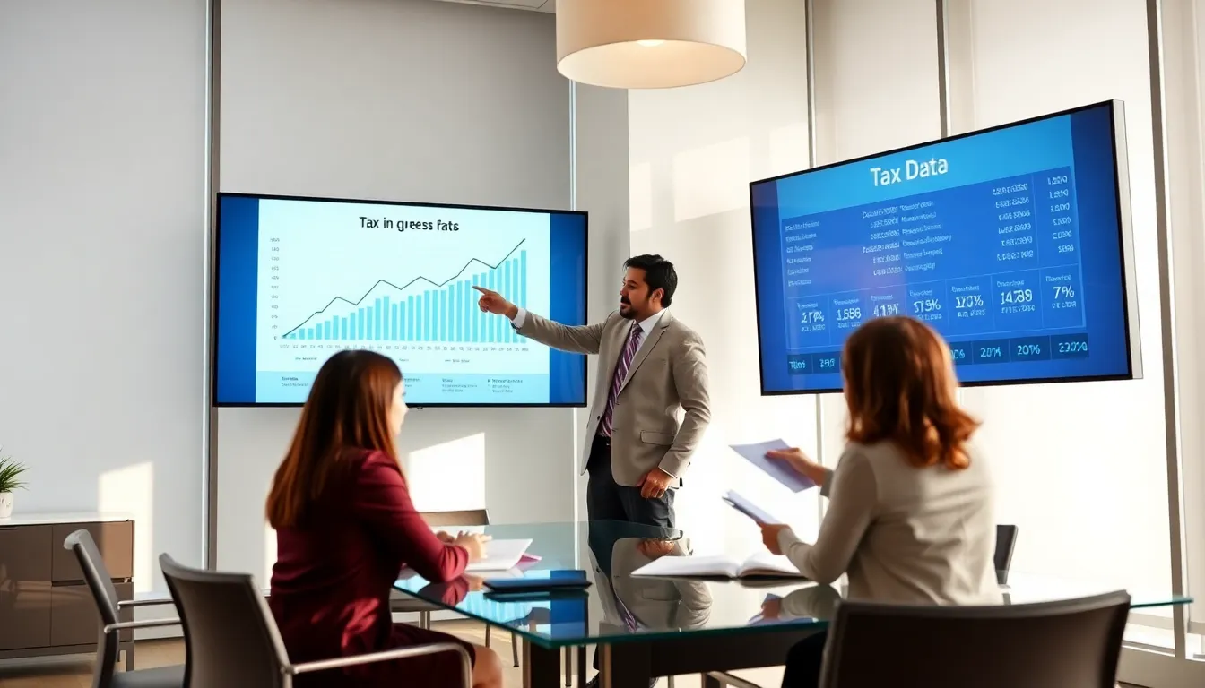 financial professionals discussing tax strategies in a modern office.