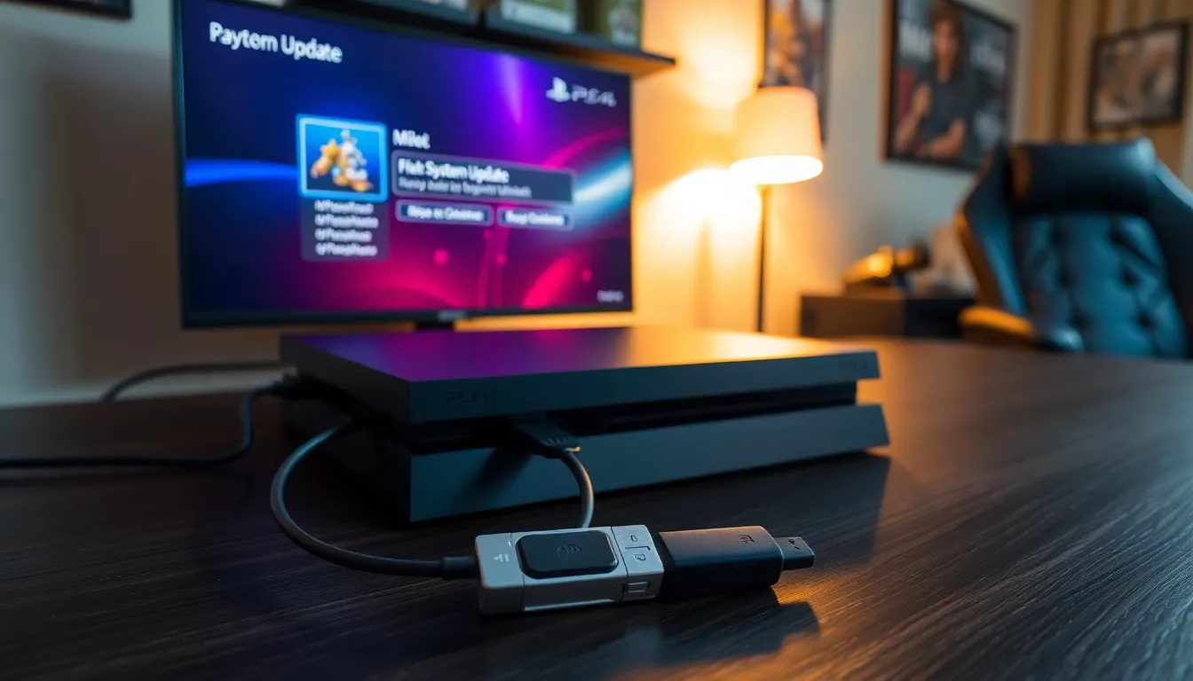 A PS4 console with a USB drive for manual update on a gaming desk.