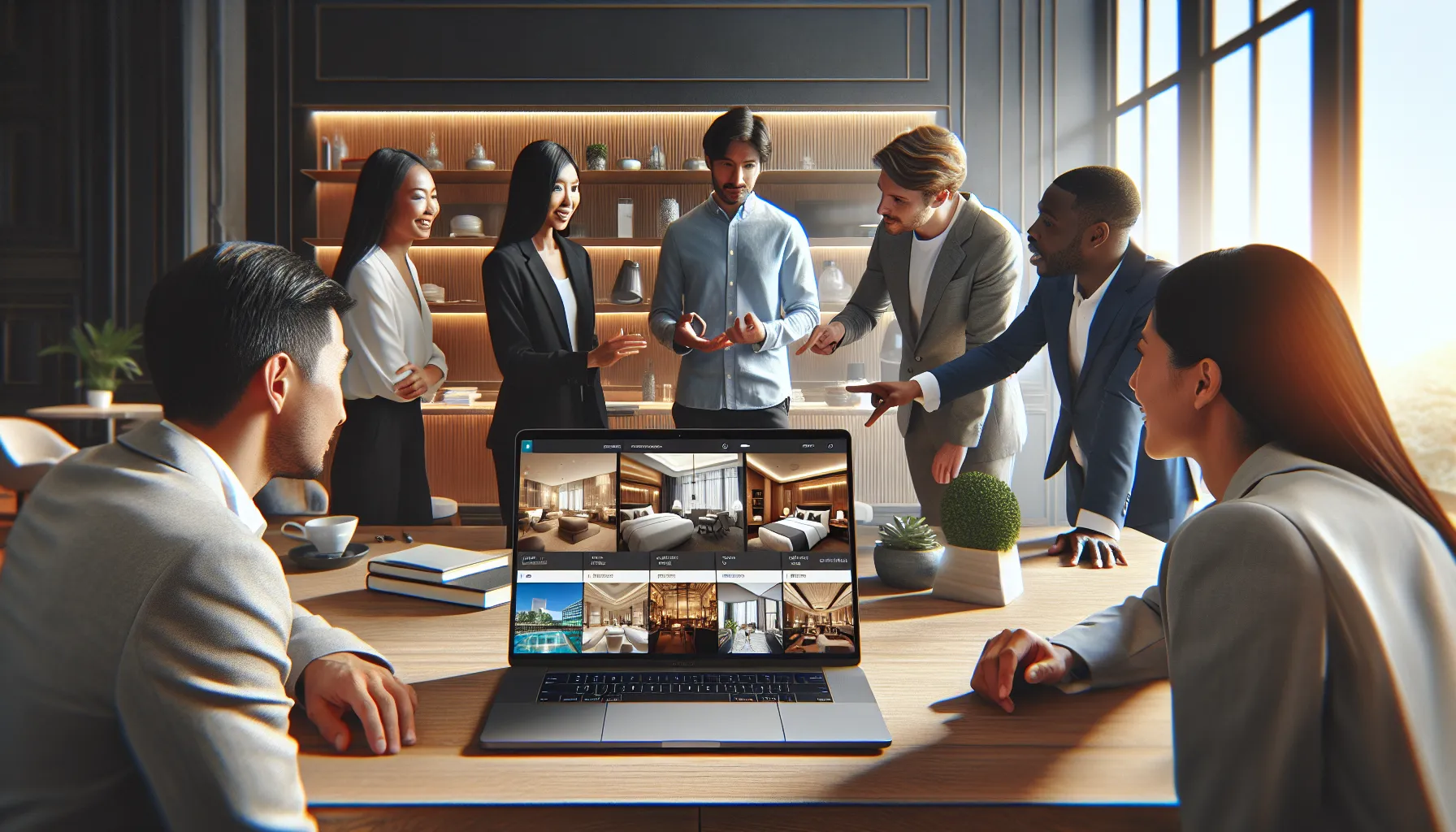 professionals collaborating over a hotel booking platform in a modern office.