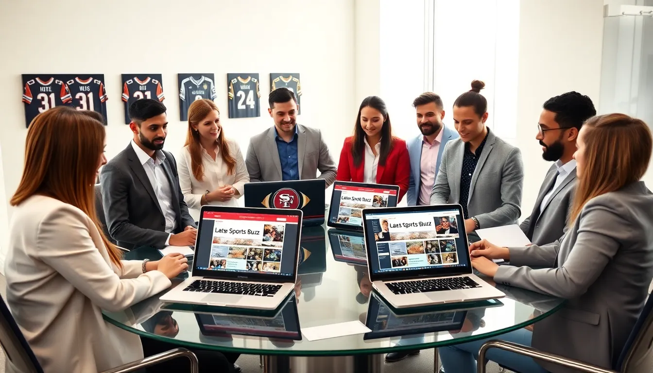 diverse team discussing sports news in a modern office setting.
