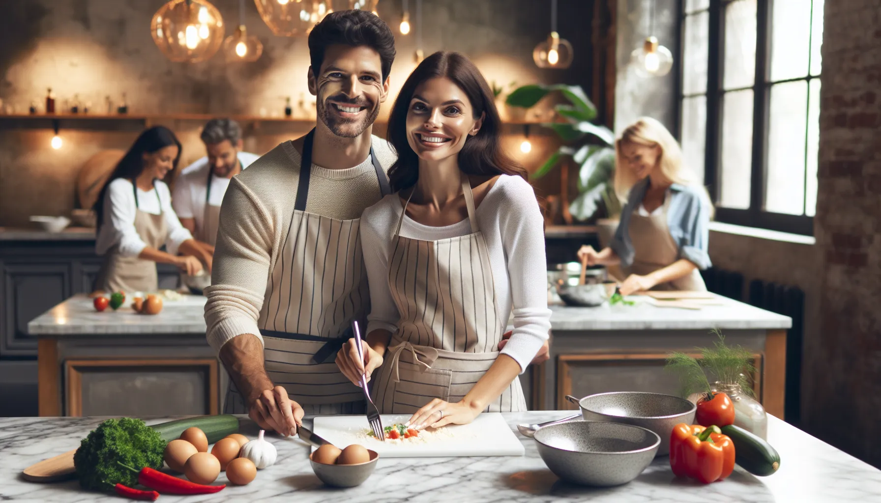 couple enjoying a cooking class in a modern kitchen.