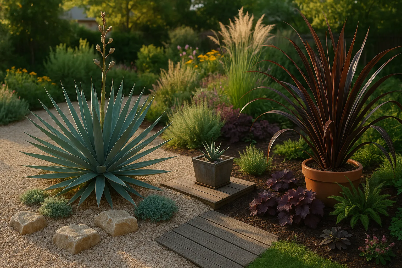 Yucca in gravel bed beside colorful phormium in a terracotta container.
