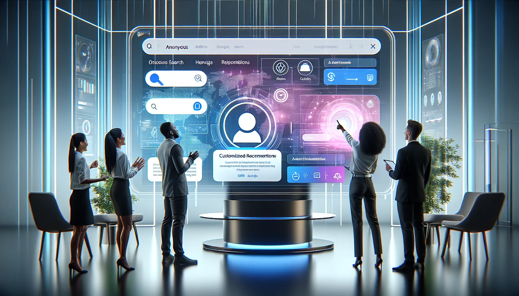 Professionals discussing features of Samuvine.com on a digital display.