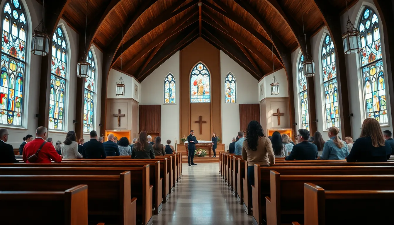 an elegant church interior with stained glass and wooden pews.