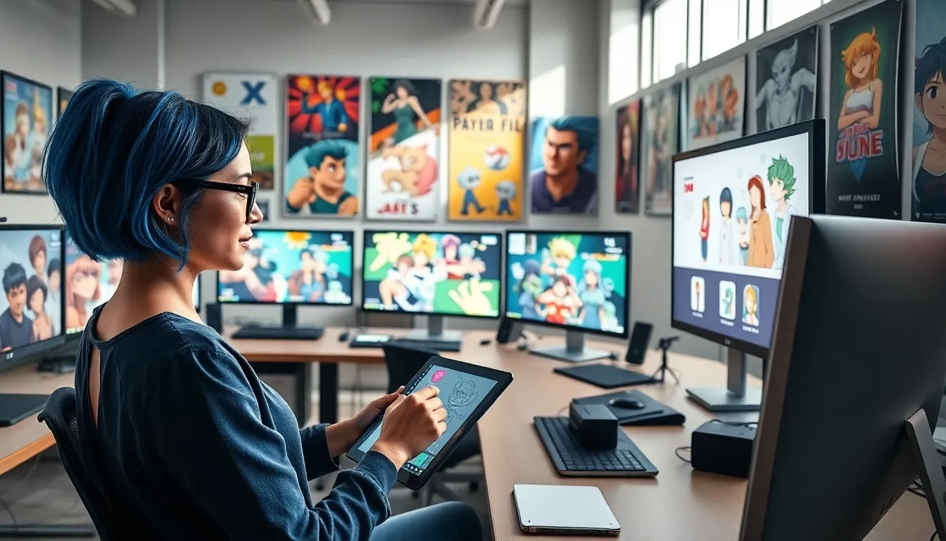 diverse animators creating 3310136620Anime in a modern studio.