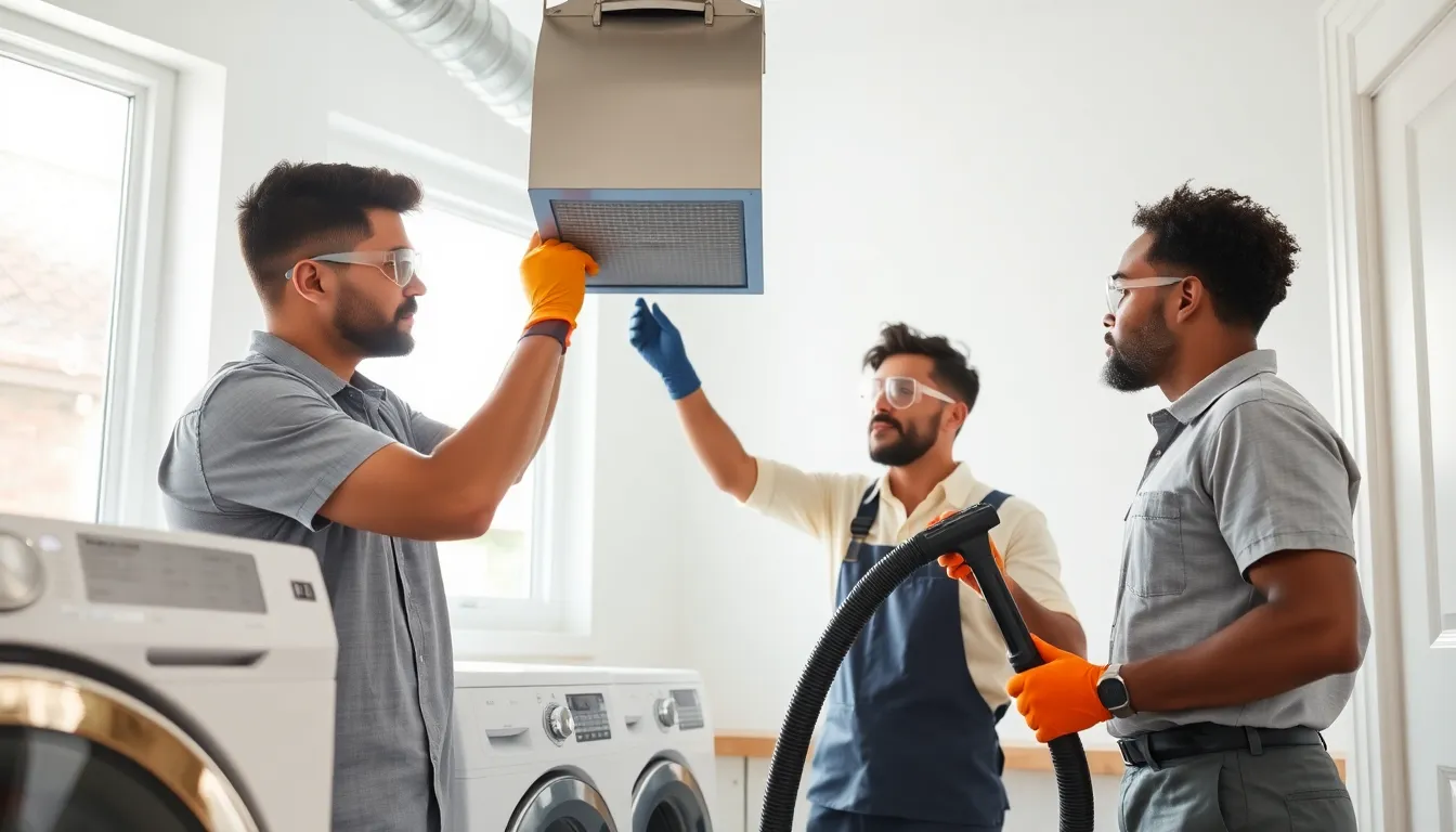 technicians cleaning a dryer exhaust vent in a modern laundry room.