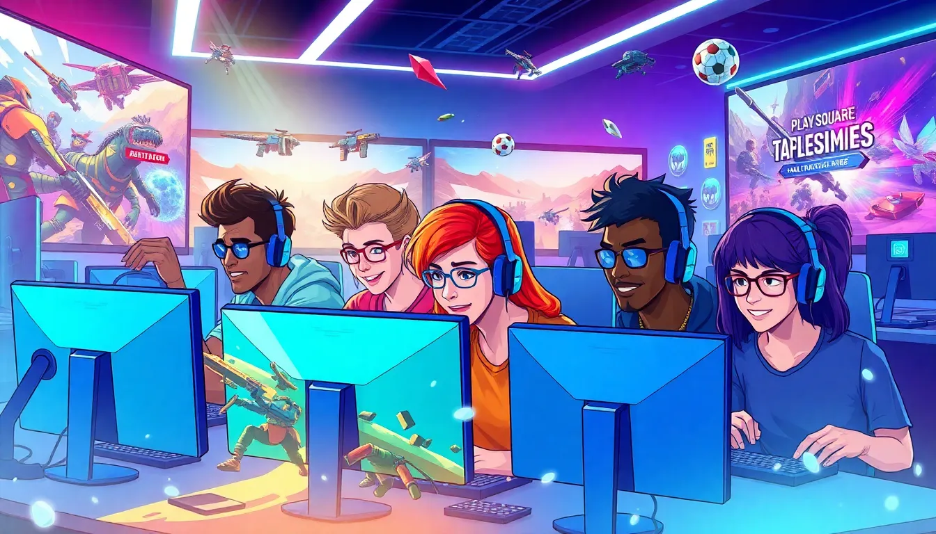 gamers playing PlayBattleSquare in a modern gaming room.