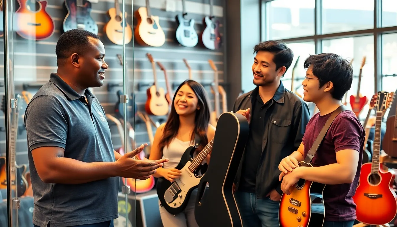 diverse professionals discussing a guitar trade-in policy in a modern store.
