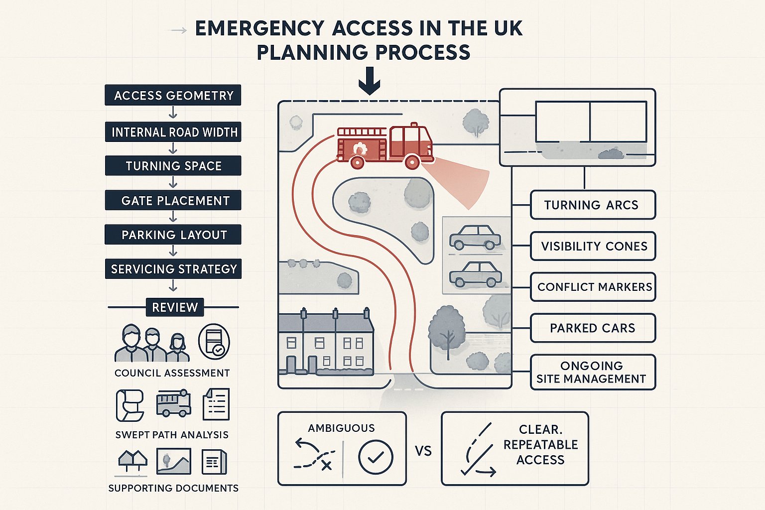 Infographic of emergency vehicle access checks in a UK development site plan.