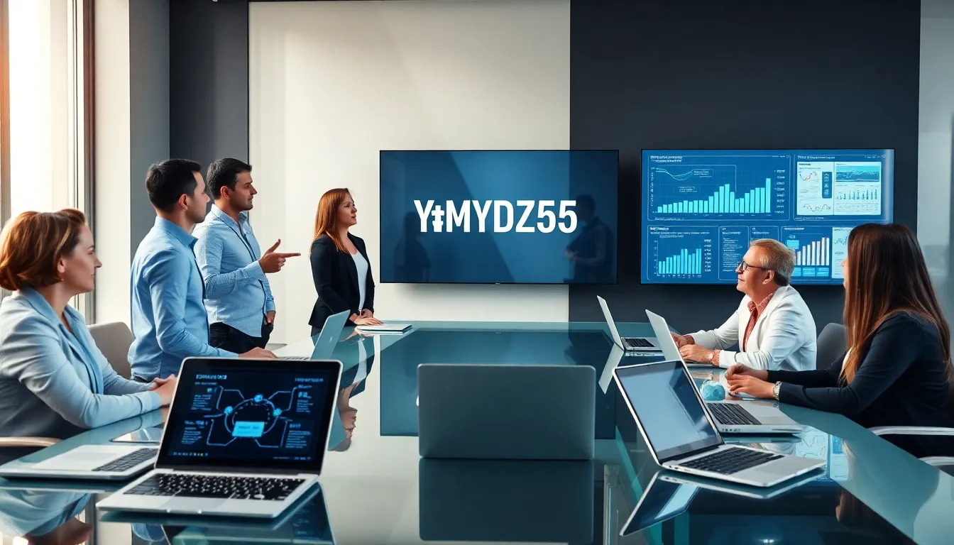 diverse team discussing YMYDZ55 in a modern tech office.