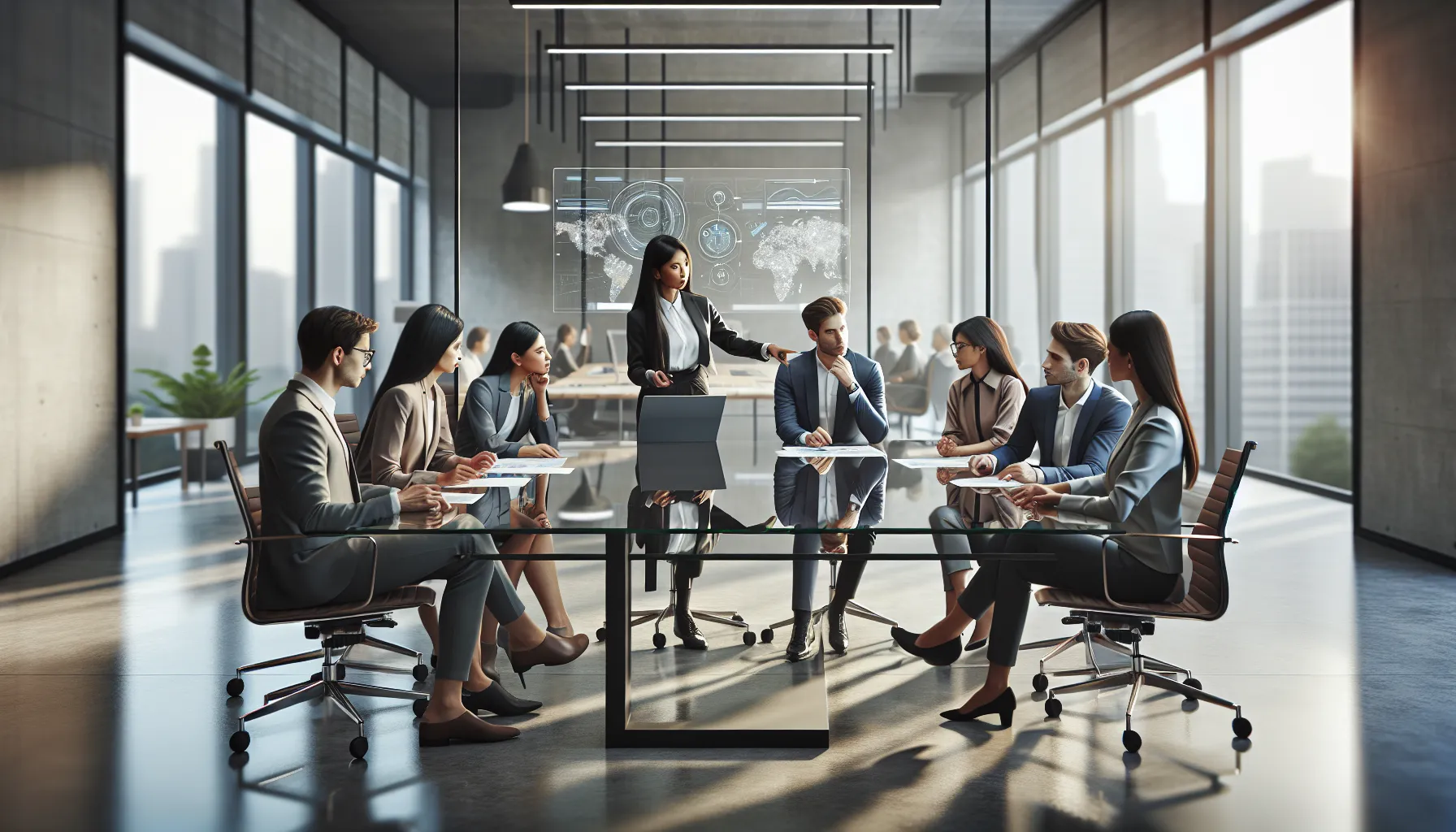 diverse team discussing concepts at a modern conference table.