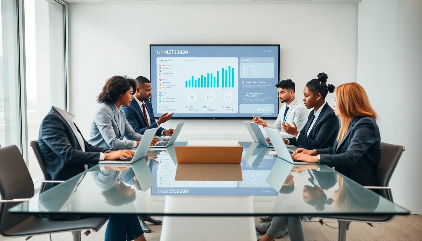 diverse team discussing U143573639 in a modern office.