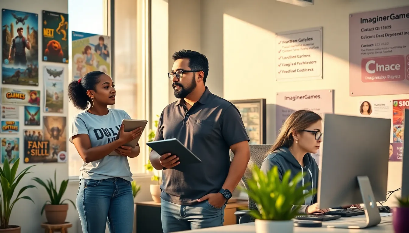 game developers collaborating in a bright modern office space.