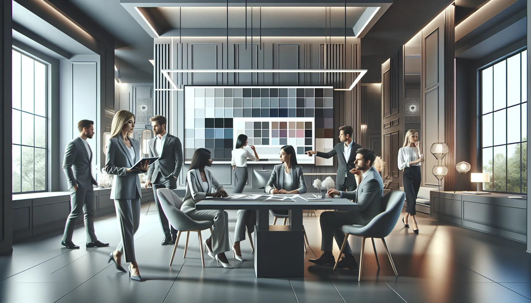 design team discussing gray shades in a modern office.