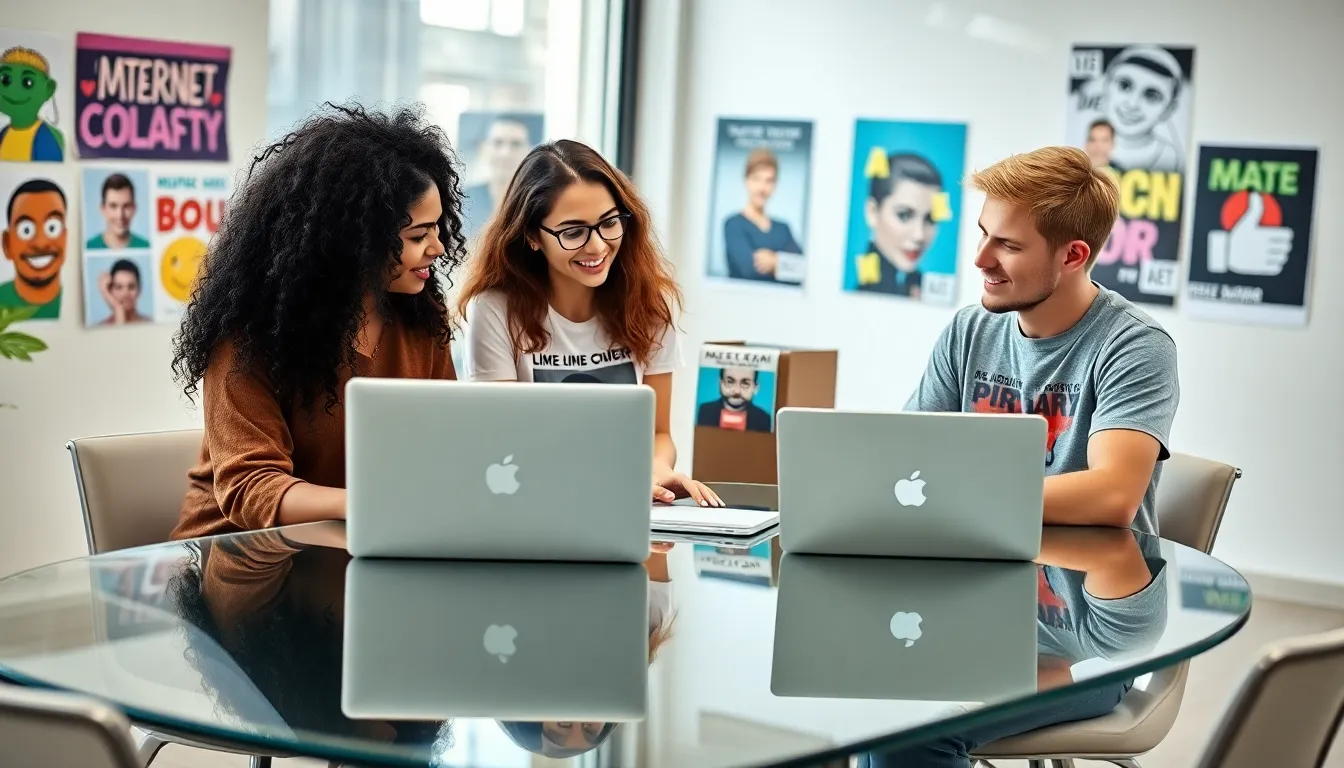 diverse team discussing internet meme trends in a modern office.