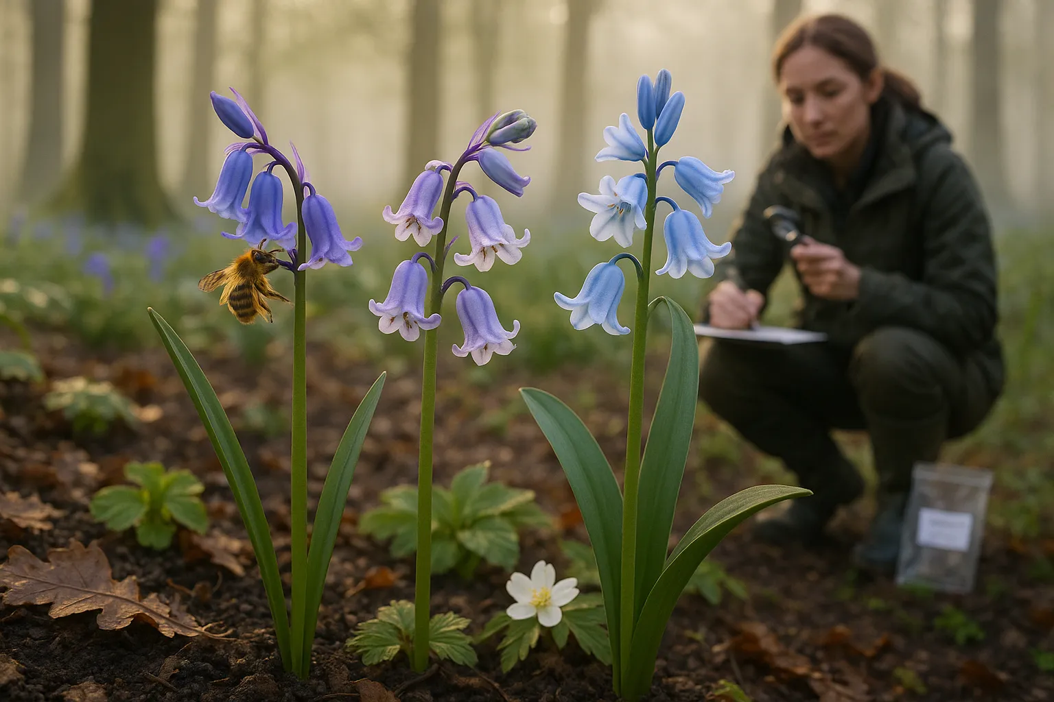 Close-up of English, Spanish, and hybrid bluebells with a fieldworker observing.