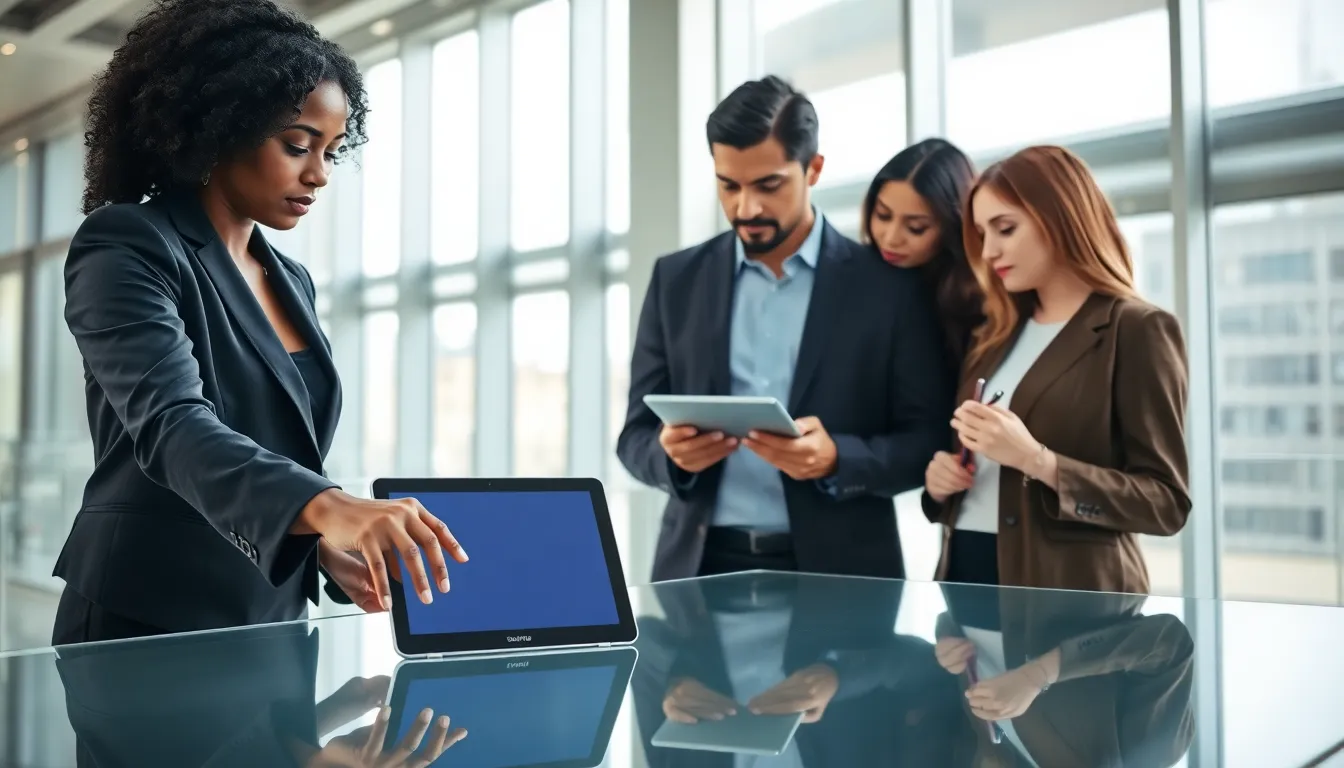 professionals discussing Samsung tablets in a modern office.