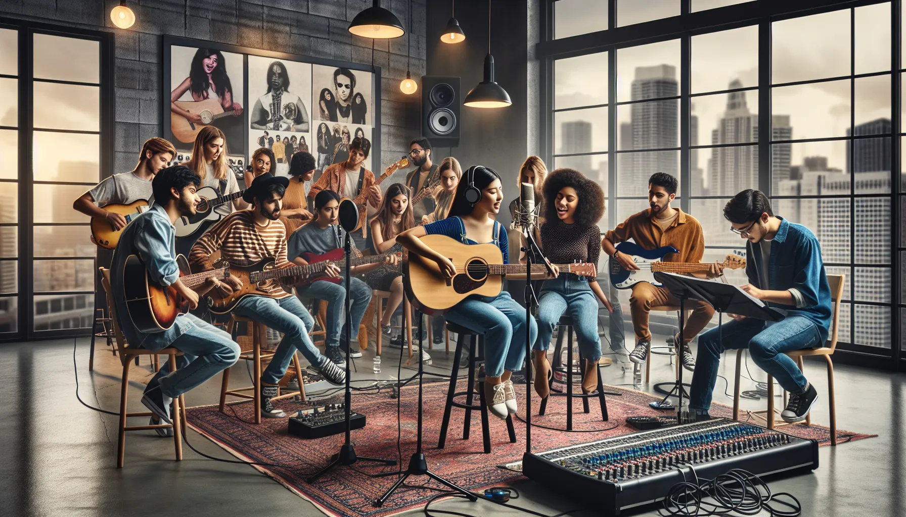 diverse group of musicians collaborating in a modern studio.