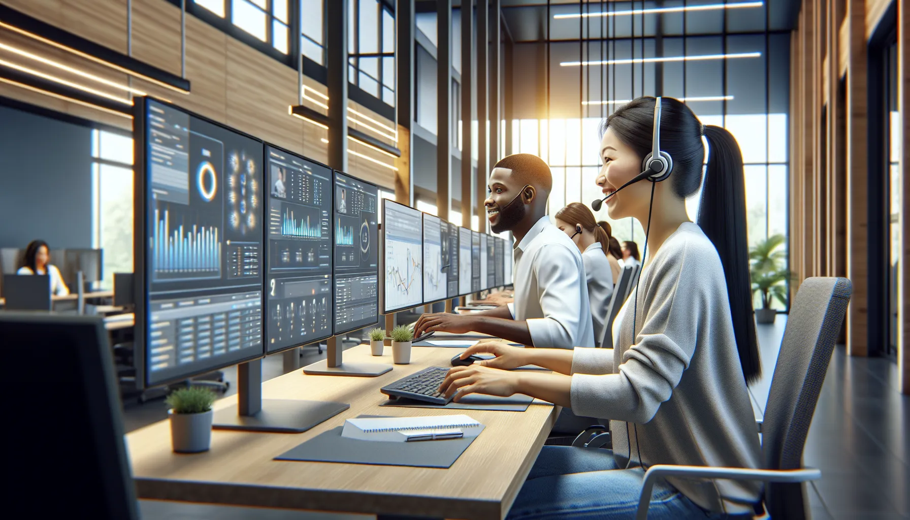 diverse customer service team engaging in a professional call center.